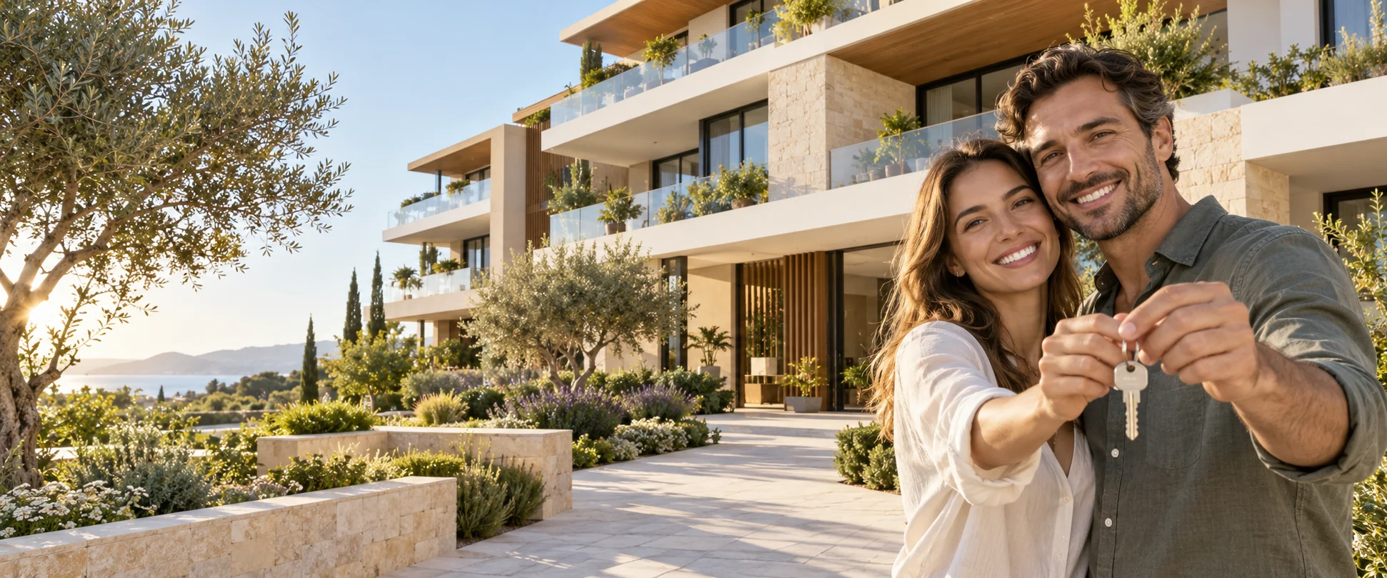 Una pareja feliz con las llaves frente a su futura vivienda